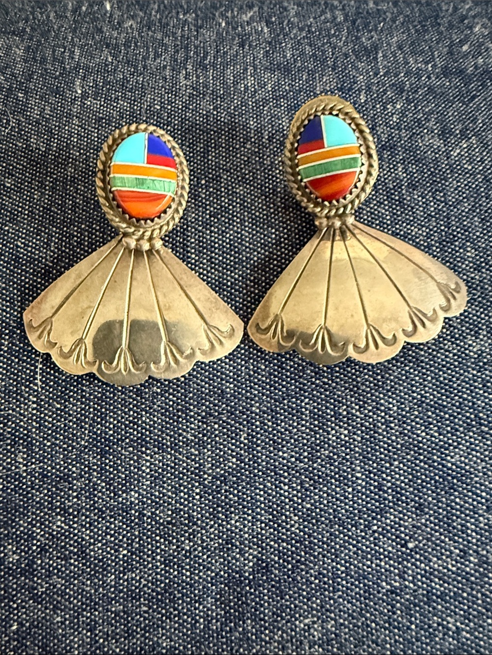 Multicolor Inlay Fan Sterling Earrings